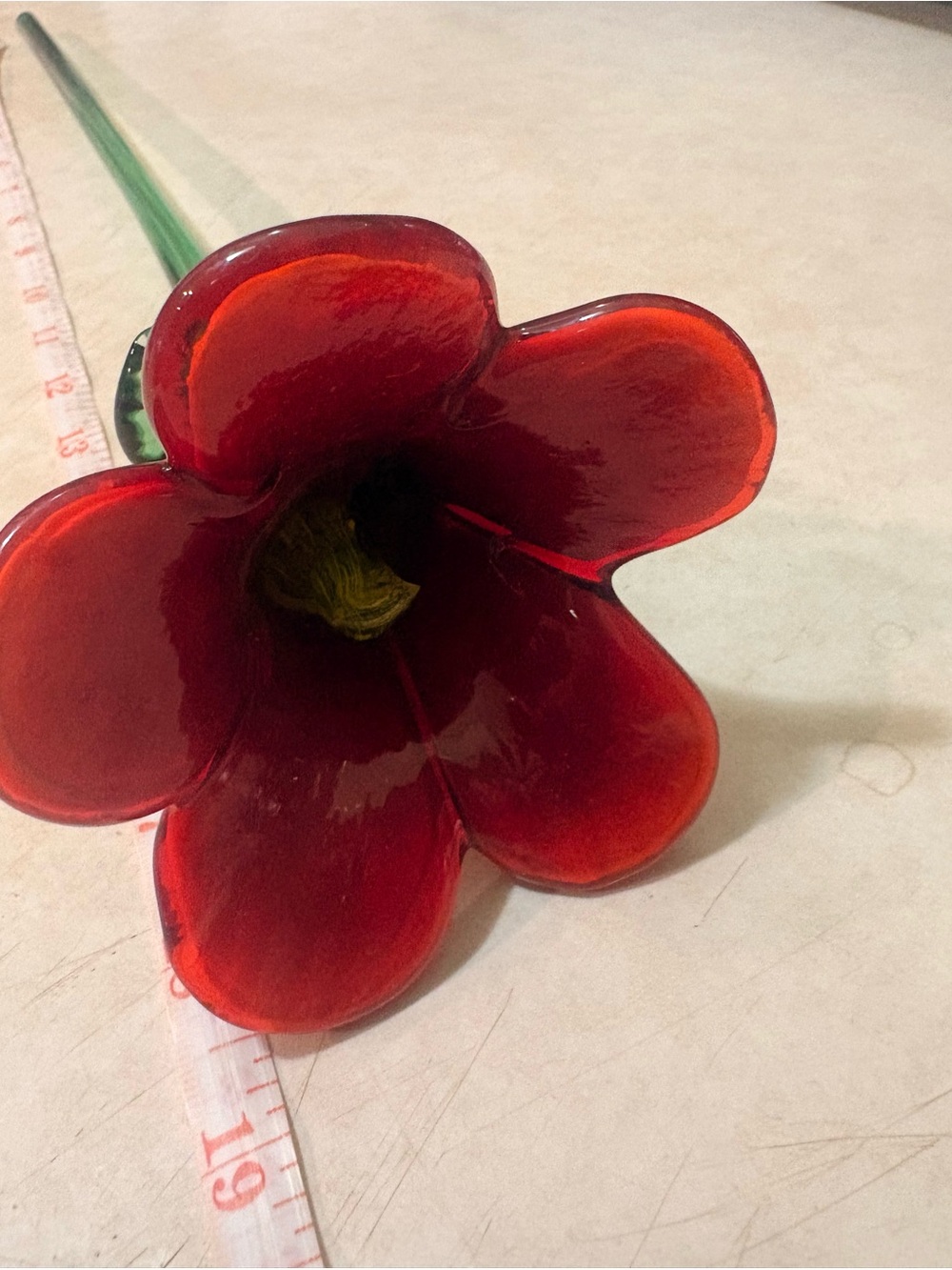 Hand Blown Red Glass Flower Art Sculpture